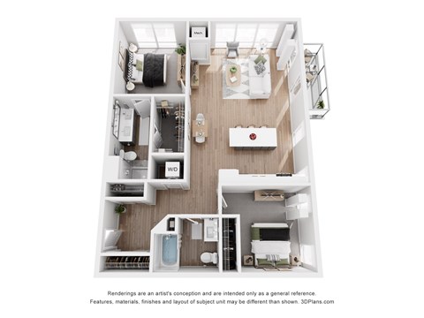 A floor plan of a small apartment with a kitchen, living room, and bathroom.